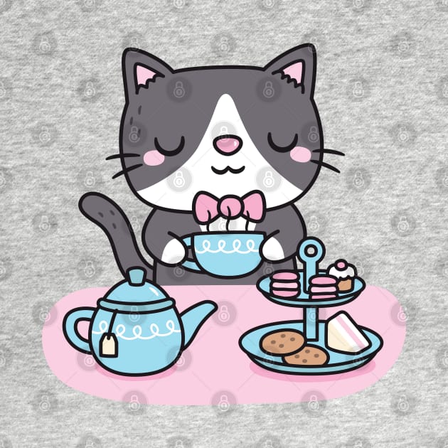 Cute Tuxedo Cat Enjoying Afternoon Tea Pastries And Snacks by rustydoodle